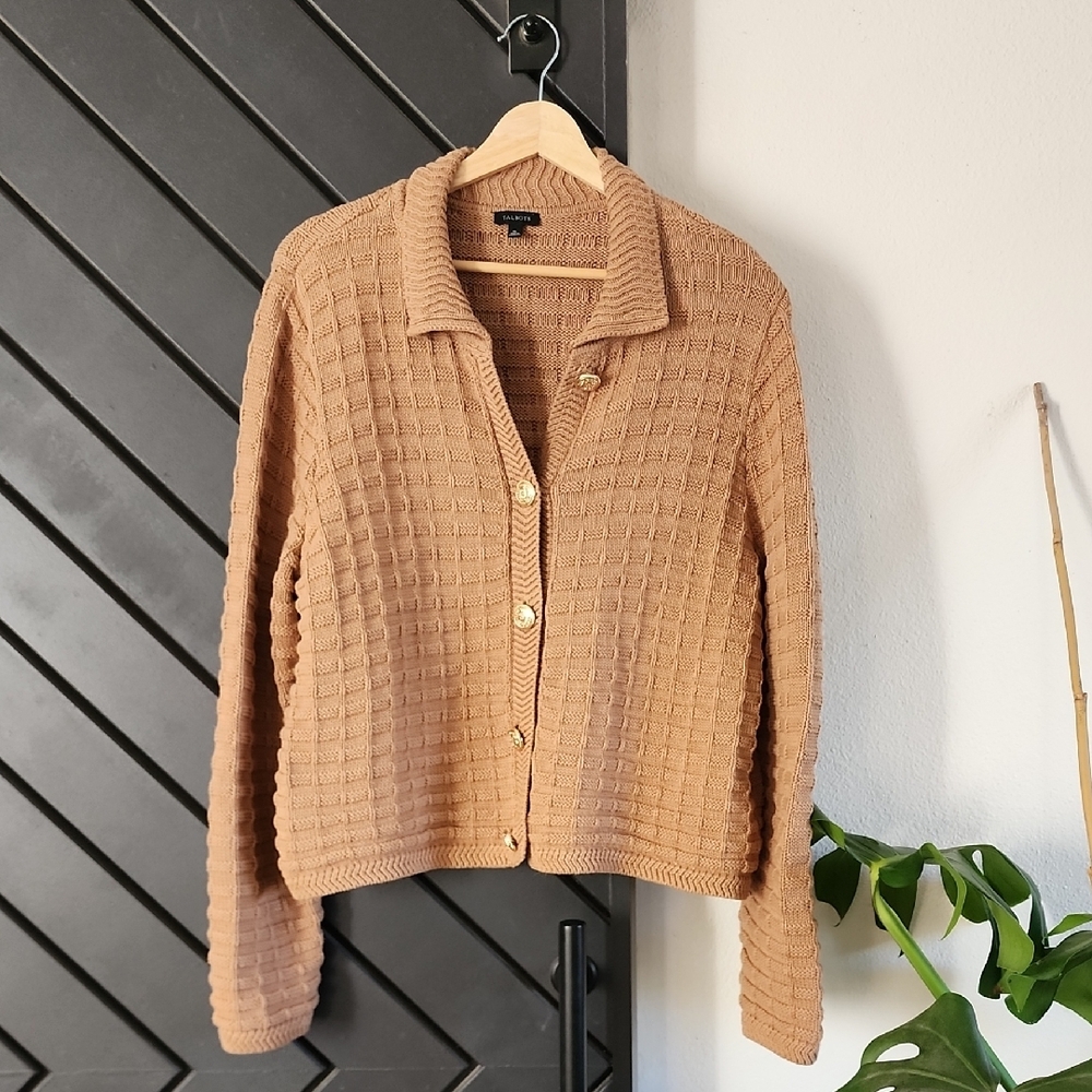 Talbots | Textured Polo Cardigan | Cafe | Size XL